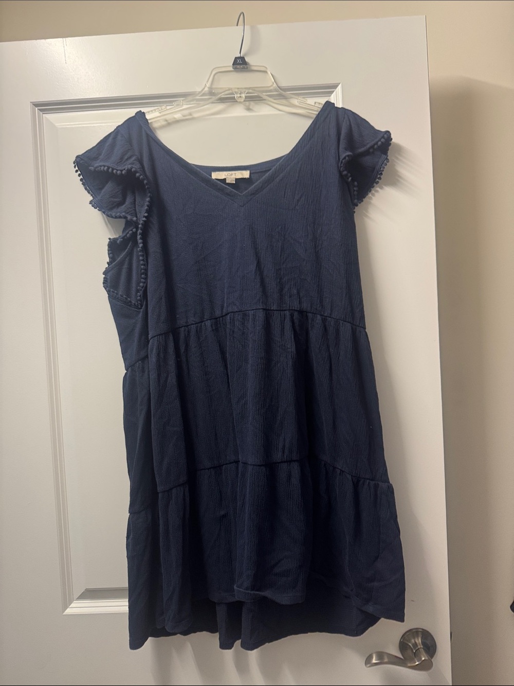 LOFT Navy Tiered V-Neck Tunic with Ruffle Trim